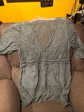 Embroidered V-Neck Tunic Top in Sage Blue